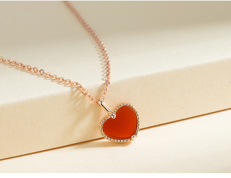 琦君小红心项链女18k金爱心锁骨链玛瑙玫瑰金套链au750简约气质送女友