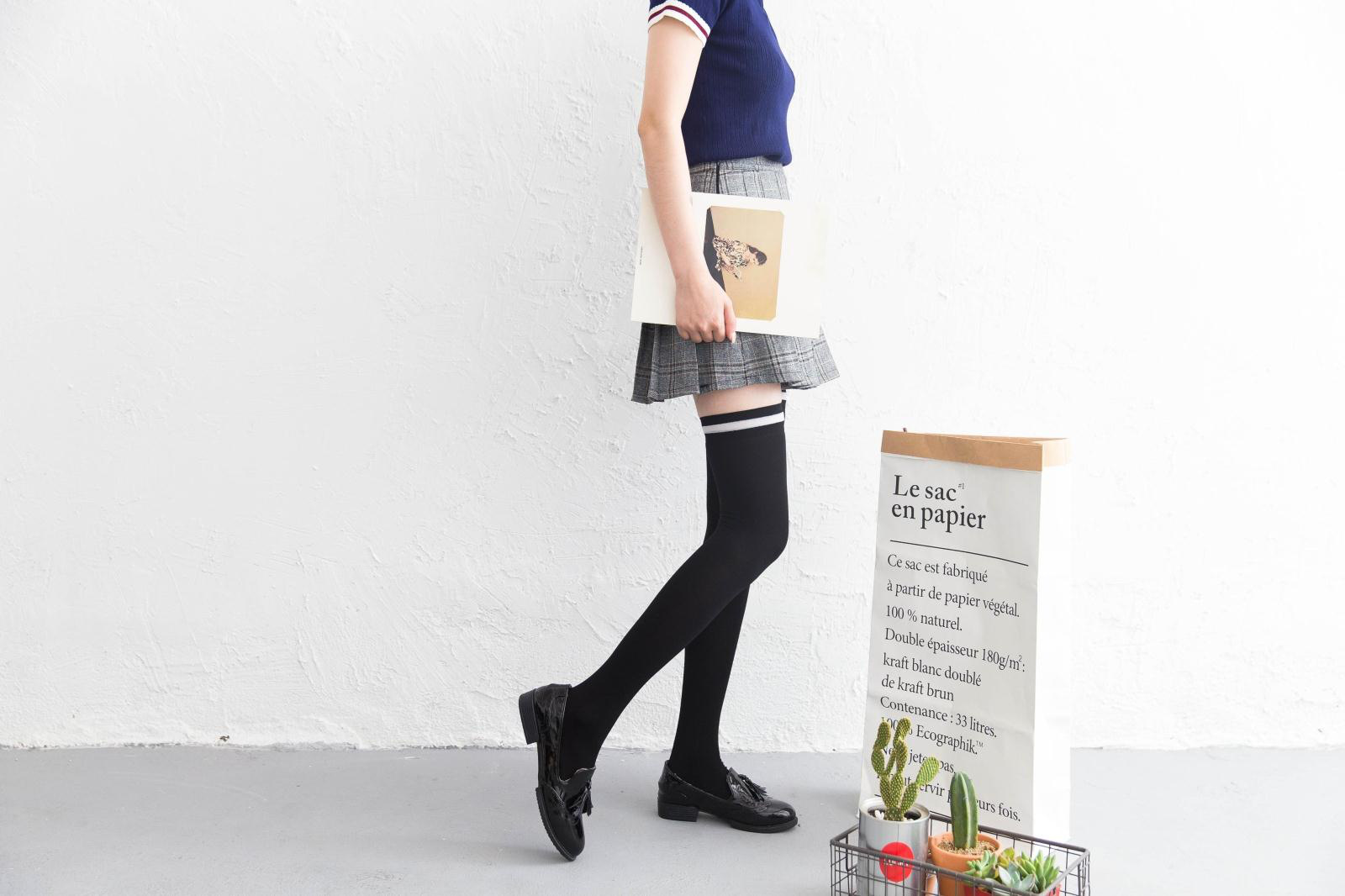 伪1娘衣服超长日系大码加长cos过膝长筒袜女装丝袜衣服用品 黑白条纹