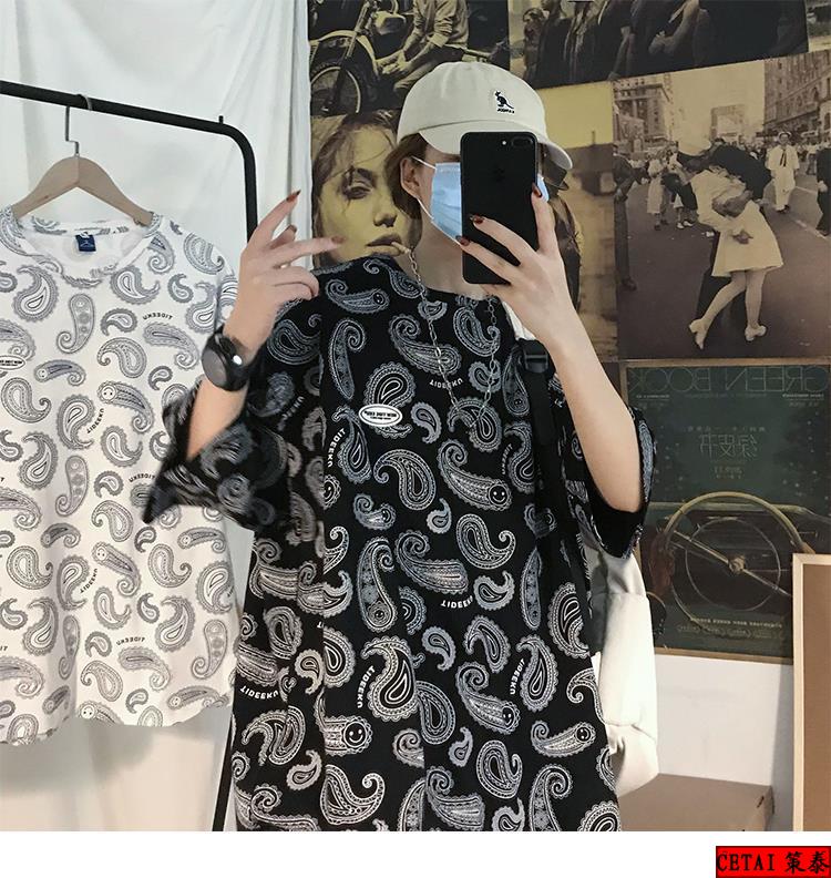 腰果花短袖t恤男潮流hiphop炸街上衣七分袖半袖体恤t111黑色l