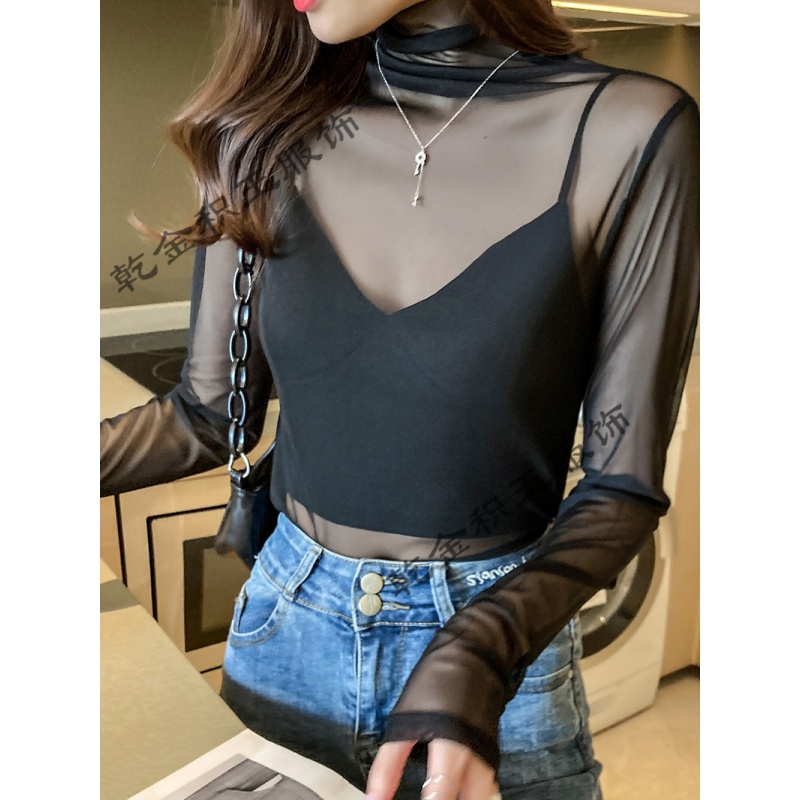 【轻奢高端】蕾丝打底衫女夏季冰丝长袖透视内搭罩衫纱衣薄半高领网纱