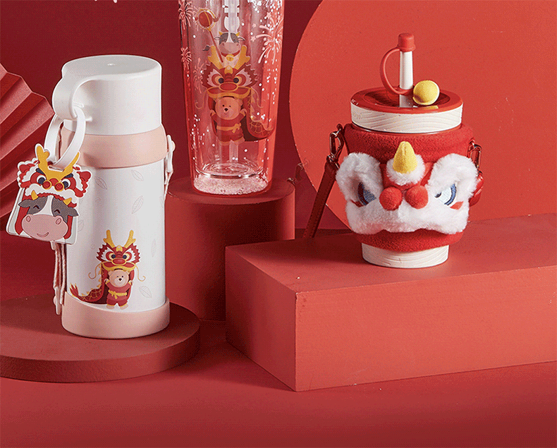 星巴克杯子新年牛年舞狮锦鲤生肖系列保温杯系列情人节礼物红色锦鲤