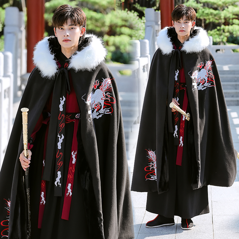 披风男斗篷连帽长毛边加绒加厚保暖披风全套古装侠客书生 单独斗篷 s