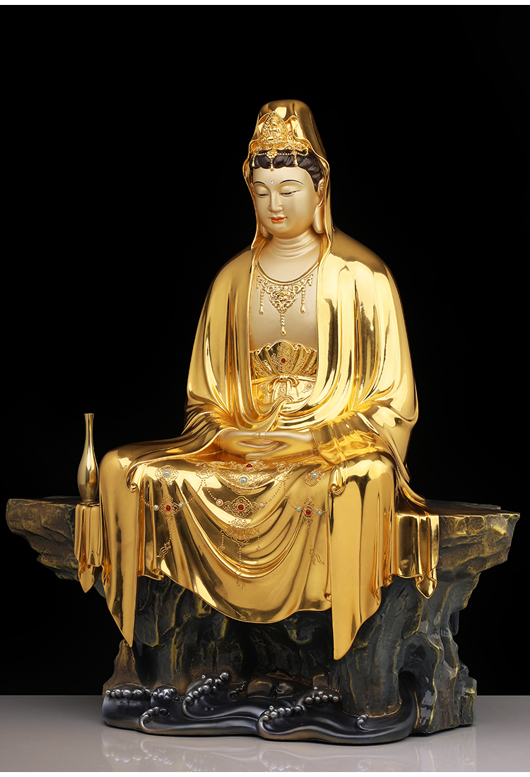 盛凡贴金箔自在南海观音佛像铜像纯铜金身家供禅定彩绘观世音菩萨摆件