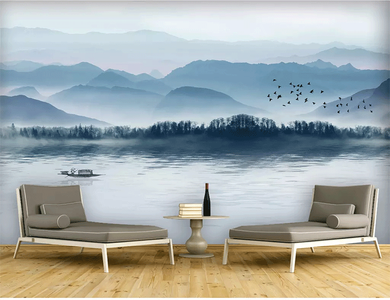 爱睿 新中式水墨山水画电视背景墙壁纸现代简约客厅无缝壁画影视墙