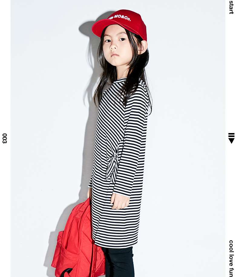 littlemoco童装春装儿童裙子简约黑白条纹长袖休闲女童连衣裙黑白条色