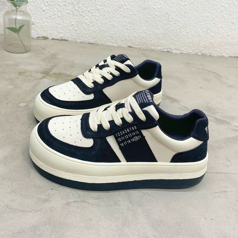 2021年夏季冬新款面包小白鞋女圆头纯色厚底韩版板鞋anike黑色加绒35