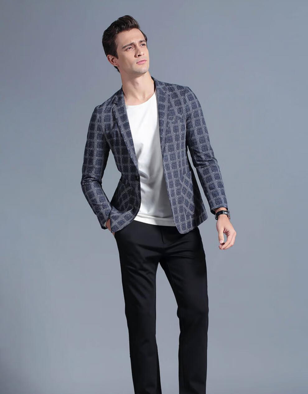 aupo轻奢品牌轻薄格子西装男潮流单粒扣单西修身休闲小西服男上衣单件