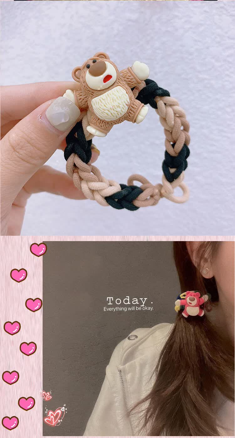 diy手工自制情侣手链韩国彩色发圈可爱小熊皮筋发绳发饰品奶白色草莓