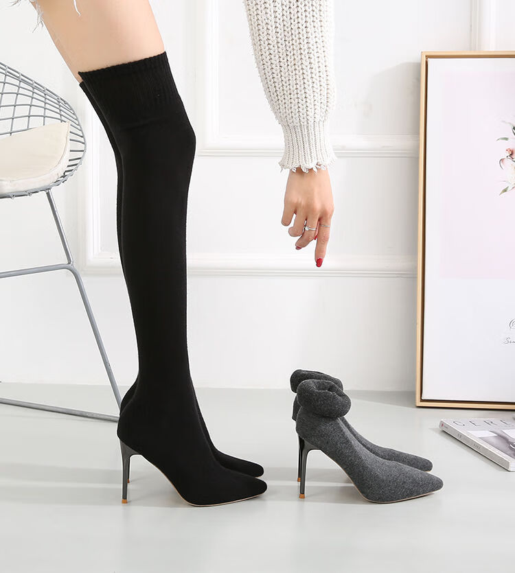 2021秋款性感加厚不透丝袜靴尖头细跟高跟过膝长靴针织弹力瘦瘦靴黑色