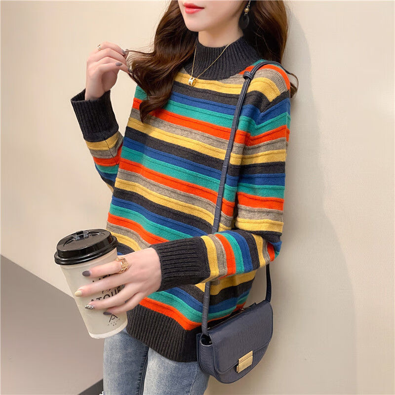 彩色条纹韩版时尚半高领套头宽松慵懒风毛衣女秋冬2021年新款 半高领