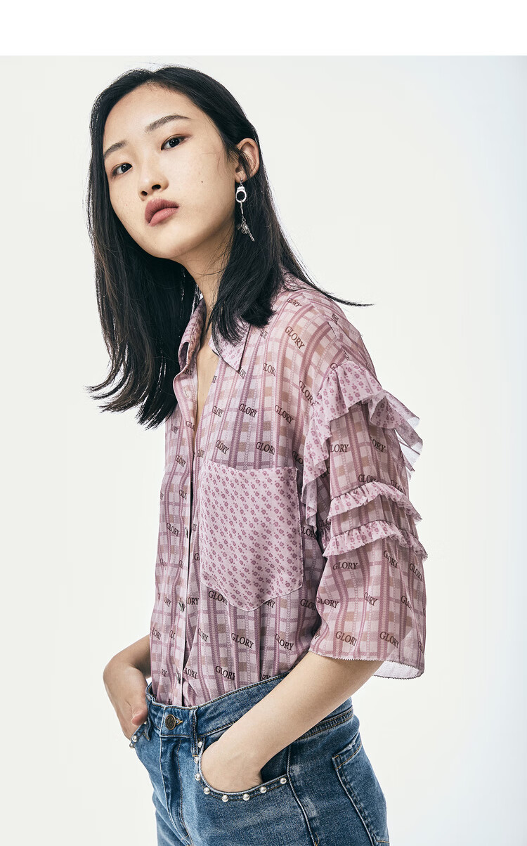 裂帛风liebofeng商场同新清新多层雪纺logo长袖衬衫女粉色s