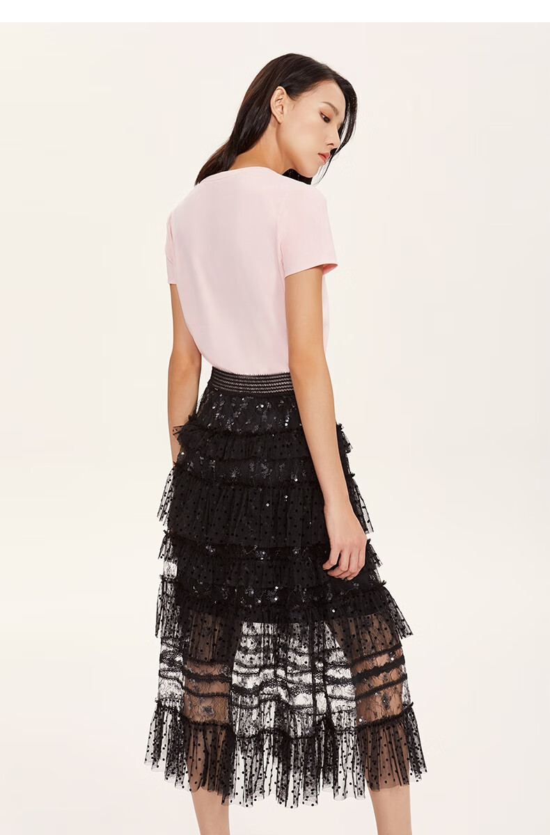 five plus新款5 女装夏珠片绣蕾丝半身裙女波点网纱蛋糕裙子 浅杏880