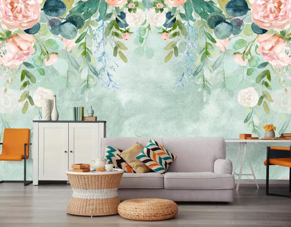 清新手绘树林田园壁画客厅卧室背景墙布壁纸墙纸 拼接油画布(无缝) 仅