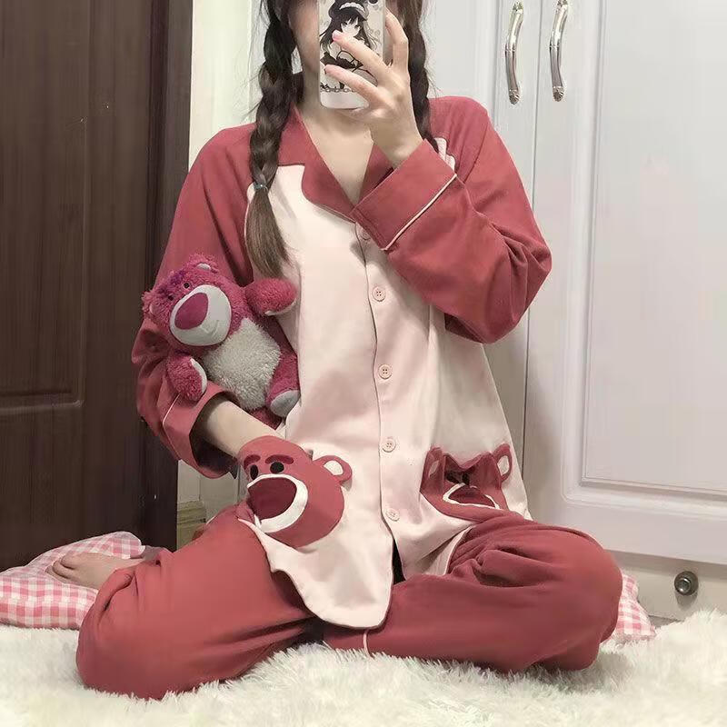 新款ins睡衣女韩版甜美可爱网红长袖开衫少女休闲长裤家居服套装开衫