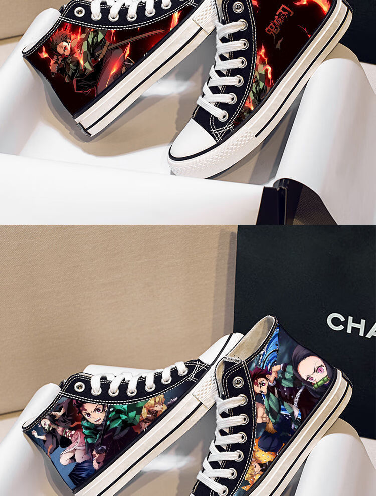鬼灭之刃手绘高帮帆布鞋男女春秋新款情侣款板鞋动漫周边学生布鞋