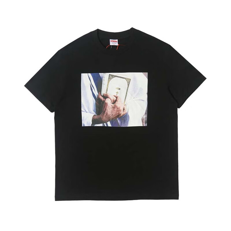 潮牌supreme联名同款圣经图案 祈祷印花纯棉男女圆领t桖 黑色 s【图片