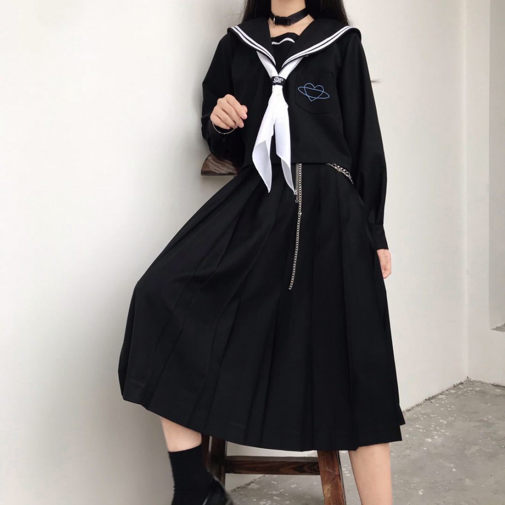 jk制服秋冬套装百褶半身长裙不良正统日系学生制服学院风水手服女黑色