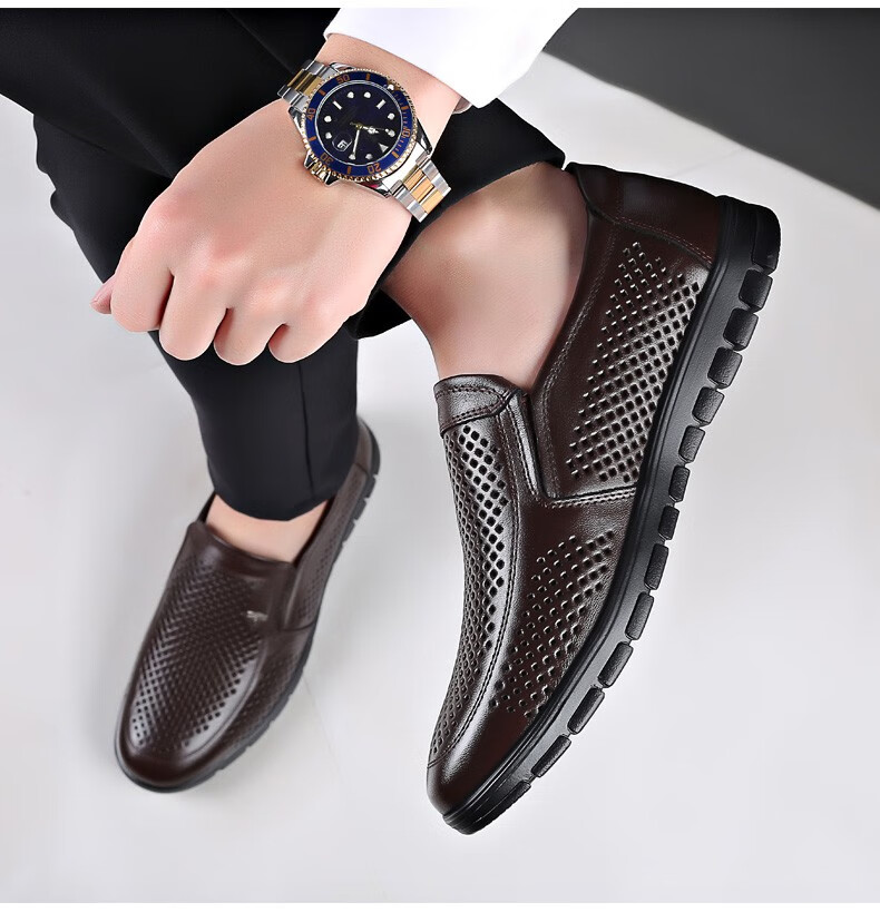 奥康男鞋 透气镂空凉皮鞋夏季真牛皮凉鞋男爸爸中年老人休闲中老年