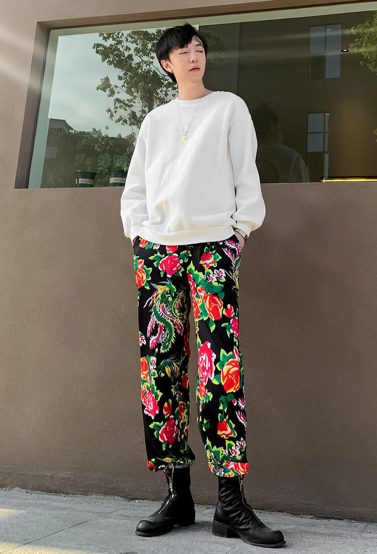 抖音网红同款国潮东北大花裤男女潮流街头嘻哈风束脚加绒休闲裤男红底