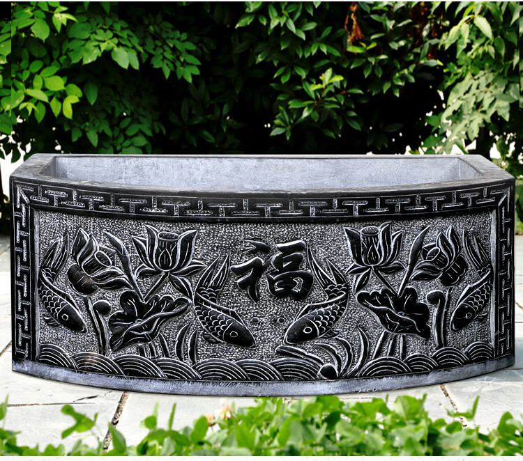 石雕鱼缸 青石石雕鱼缸花盆庭院户外半圆水缸天然石头复古家用养鱼