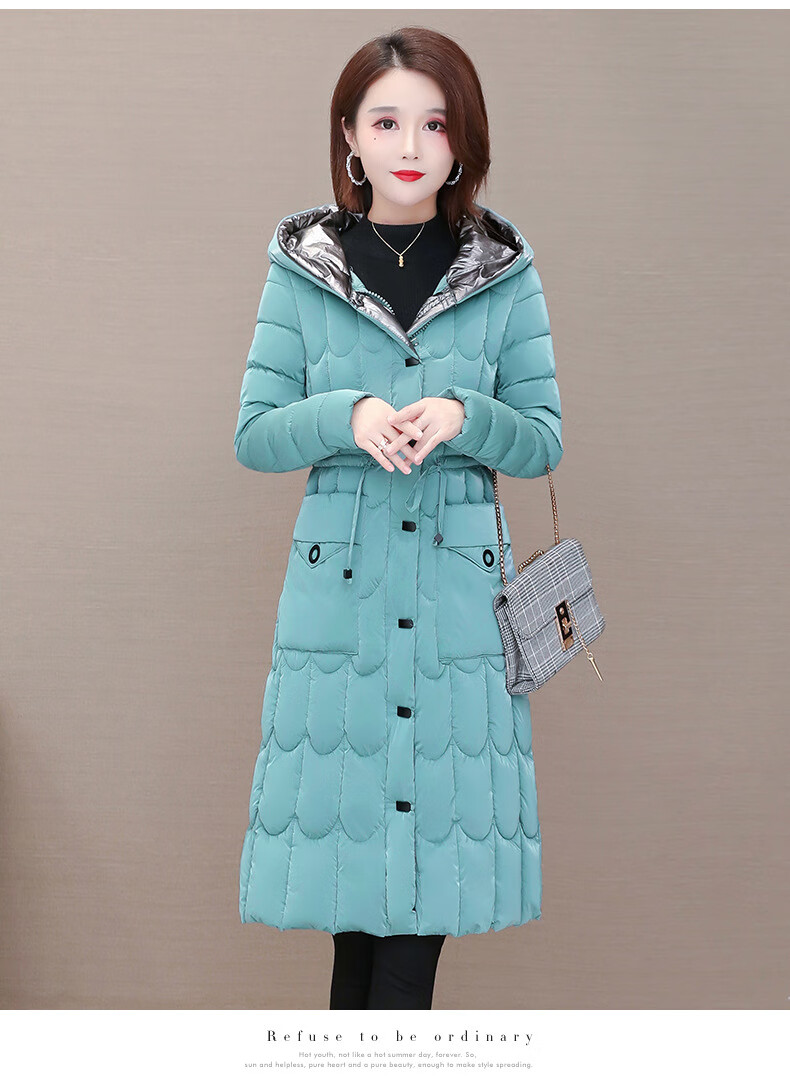羽绒服女2021冬季新款亮面外套女中长款2021冬季新款韩版保暖连帽青色