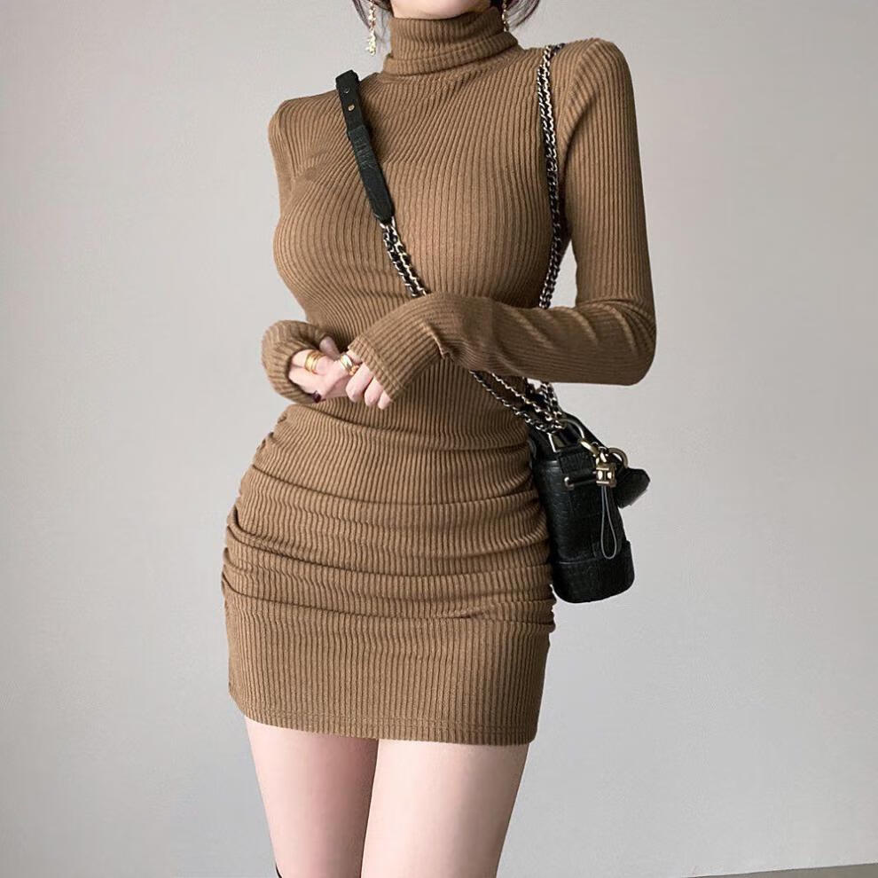 秋冬新款基础高领坑条褶皱打底连衣裙女收腰显瘦百搭包臀裙潮棕色m
