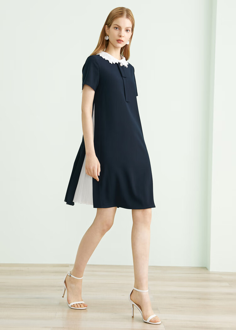 yiner音儿女装2020夏季新款时尚撞色不规则边娃娃领连衣裙 藏蓝 165