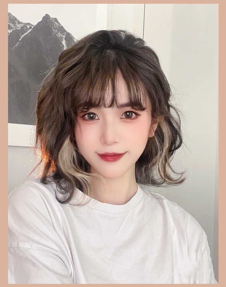 假发短发女全头套自然仿真挑染水波纹羊毛卷适合圆脸发型假发套奶茶棕