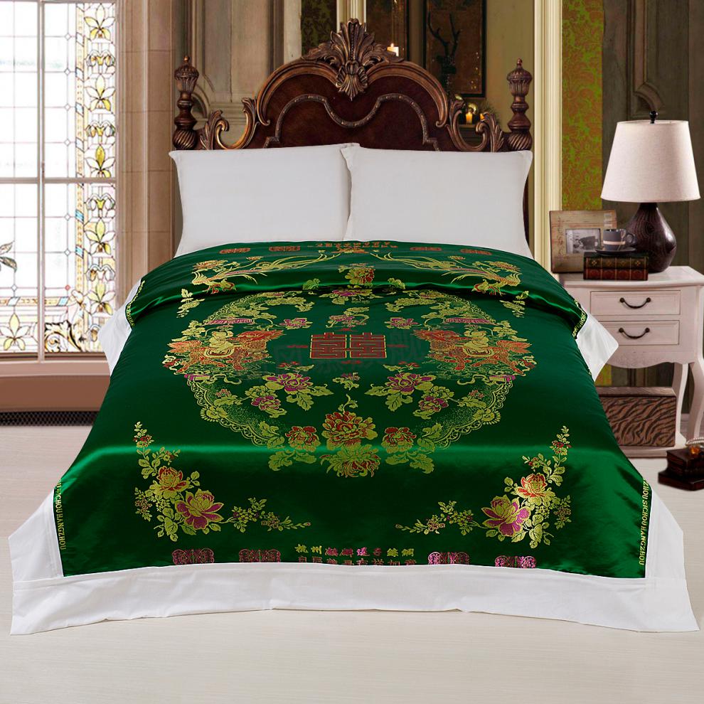 丝绸纯棉被套软缎织锦缎绸缎面被面子婚庆龙凤百子龙凤双喜绿色180x2
