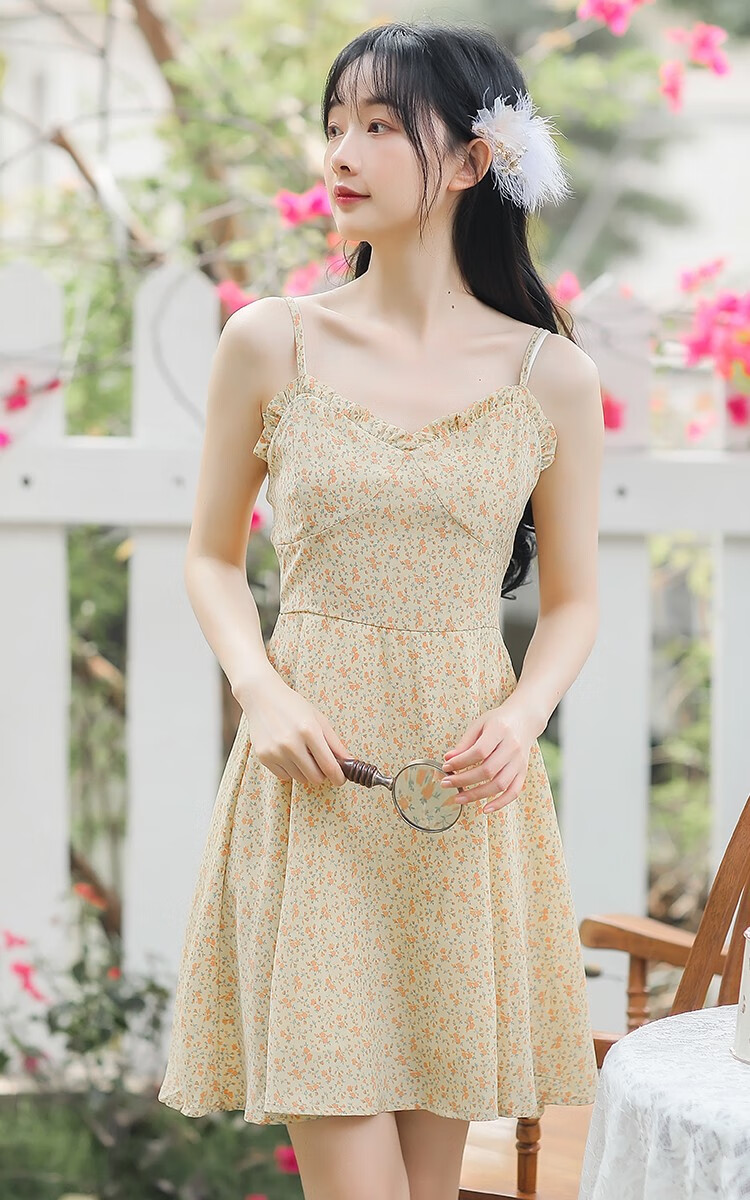 甄虹2021新款温柔小清新碎花吊带裙 6520黄色吊带裙 s