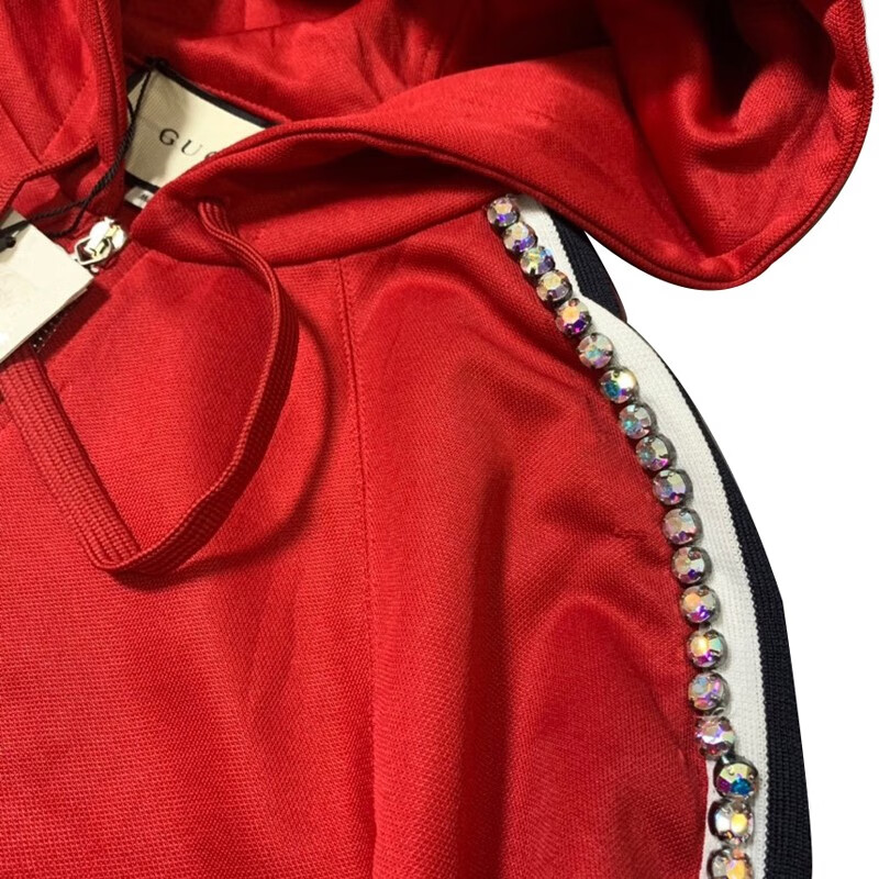 gucci古驰拉链满钻连帽红色卫衣红色s码
