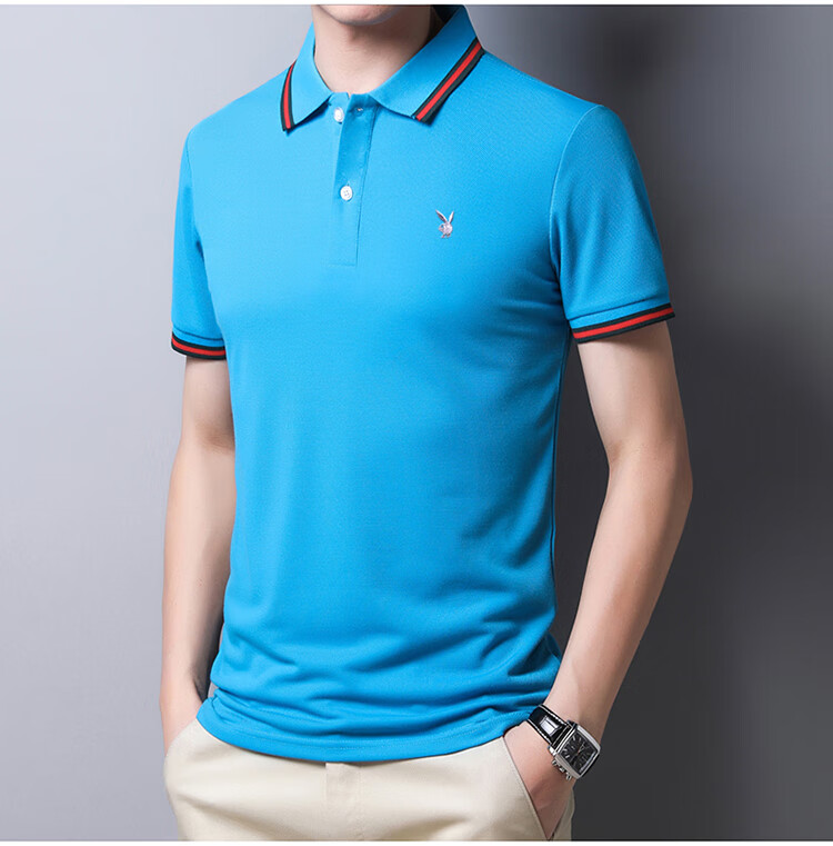 花花公子短袖t恤男2021夏季新款纯色翻领中青年休闲纯棉t恤衫黑色165m