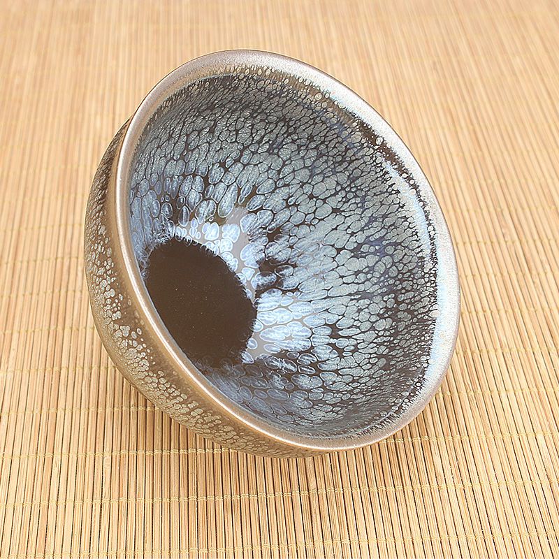 卡蔓派 建阳建盏茶杯油滴黄艺全手工百花斗笠蓝麒麟龙鳞纹主人杯陶