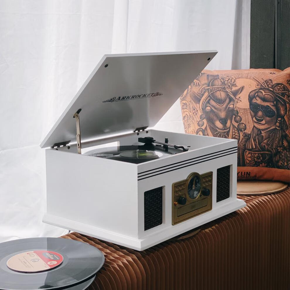 索x03尼适用复古黑胶唱机5合1 cd 收音机多功能家用唱片机糖蚁 白色