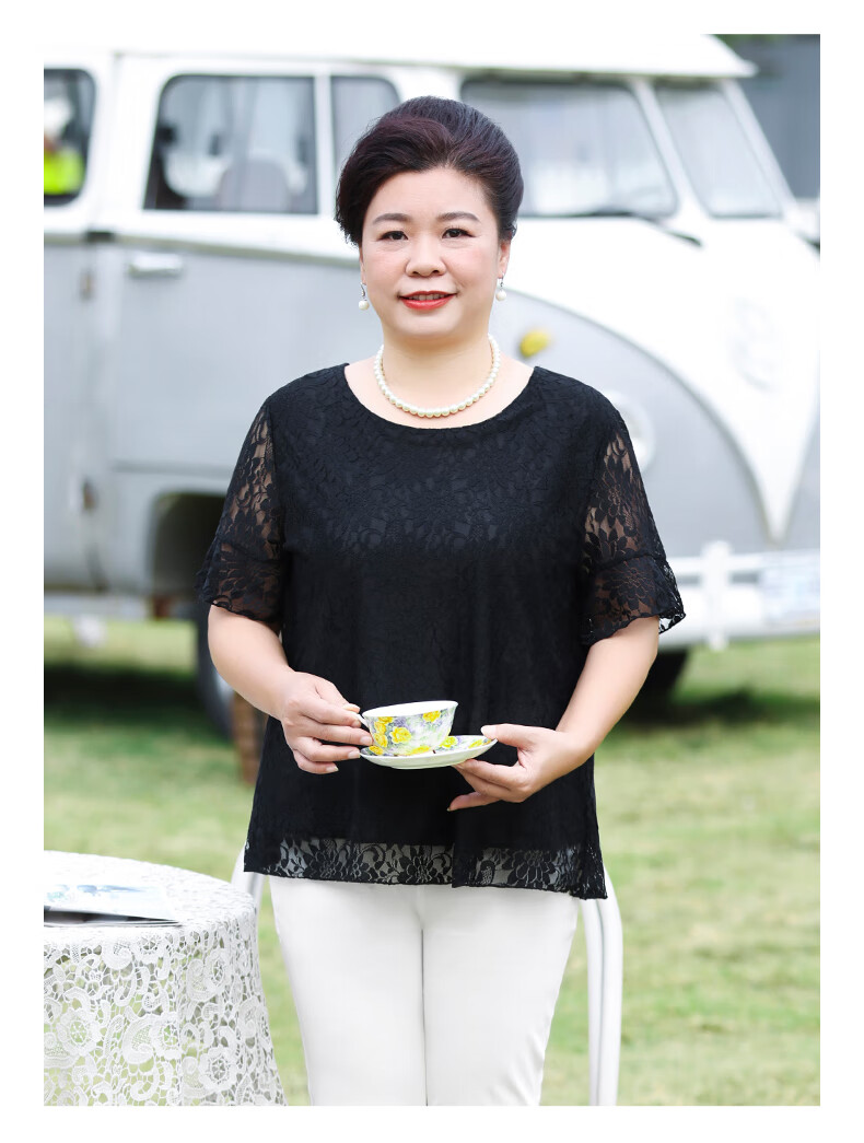 胖女人短袖胖人中年人胖妈妈大码女装短袖蕾丝打底衫t恤上衣洋气240斤