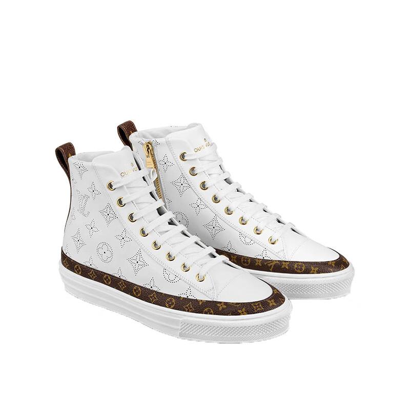 louisvuitton路易威登女鞋高帮小牛皮经典老花图案白色底部细节个性1a