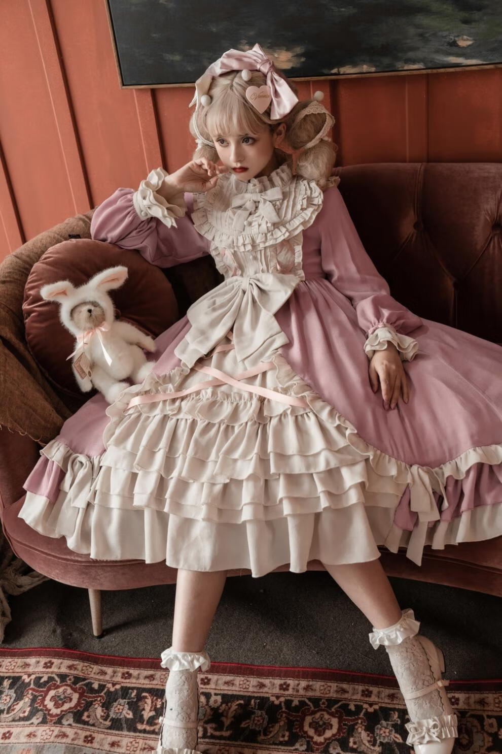 奶油白雪姬op 洛丽塔长袖秋冬甜美清新lolita洋装连衣裙 绀色op连衣裙