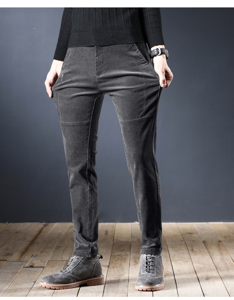 jg灯芯绒裤子男裤修身弹力秋冬季条绒保暖防风中年休闲裤男士喇叭裤