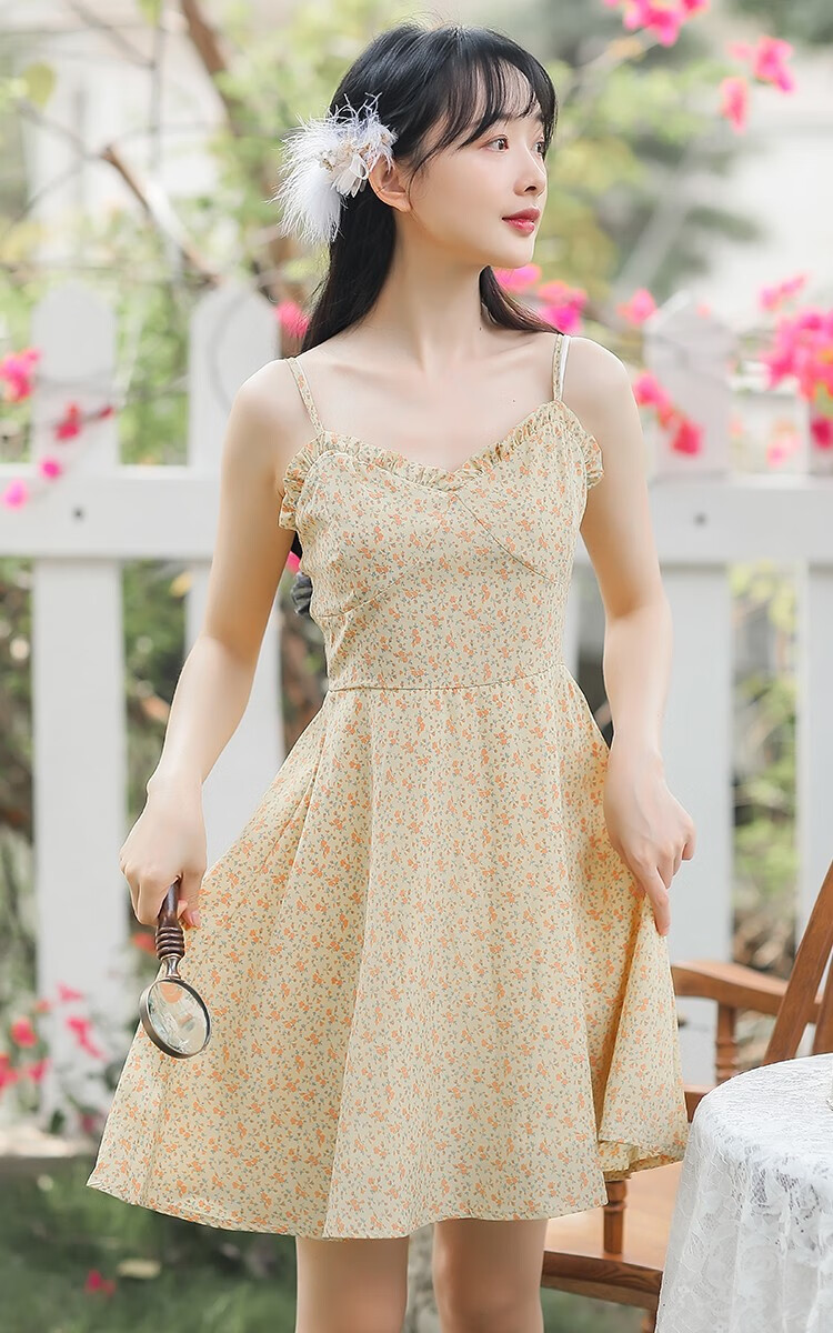 甄虹2021新款温柔小清新碎花吊带裙 6520黄色吊带裙 s