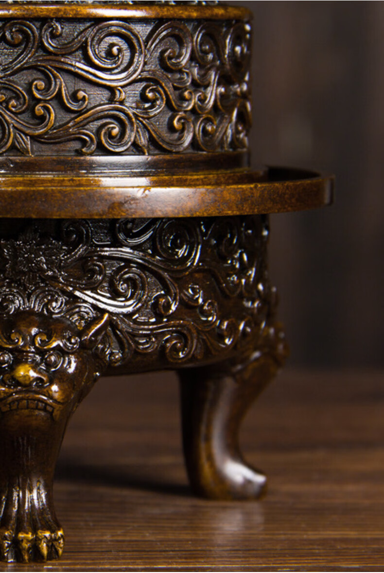 陈巧生铜香炉家用禅意摆件名家陈巧生炉缠枝莲纹狮钮熏炉c342