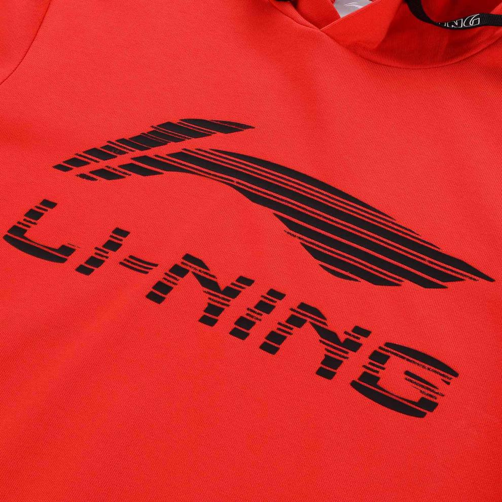 李宁卫衣运动男装2021新款连帽套头衫圆领大logo针织运动服男 赤樱红