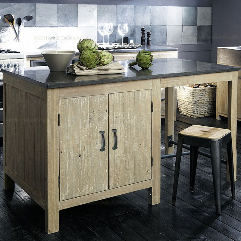 喜奇隆 厨房中岛台美式复古实木餐边柜创意厨房中岛操作台料理台餐桌
