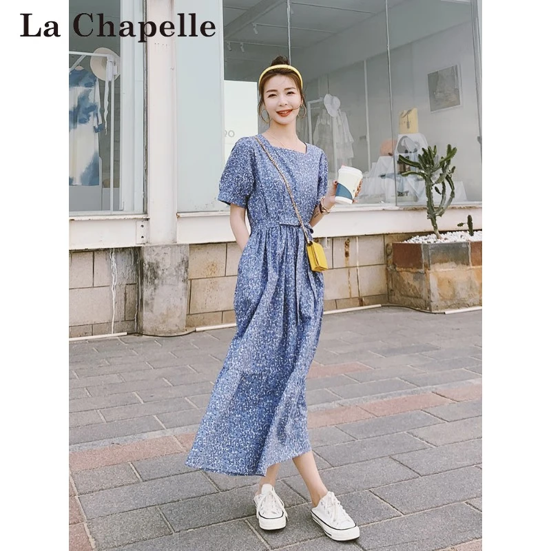 拉夏贝尔蓝色碎花连衣裙女夏21新款法式气质胖 Mm温柔风桔梗裙到及踝长裙时尚官方专柜盐洗棉清新蓝碎花
