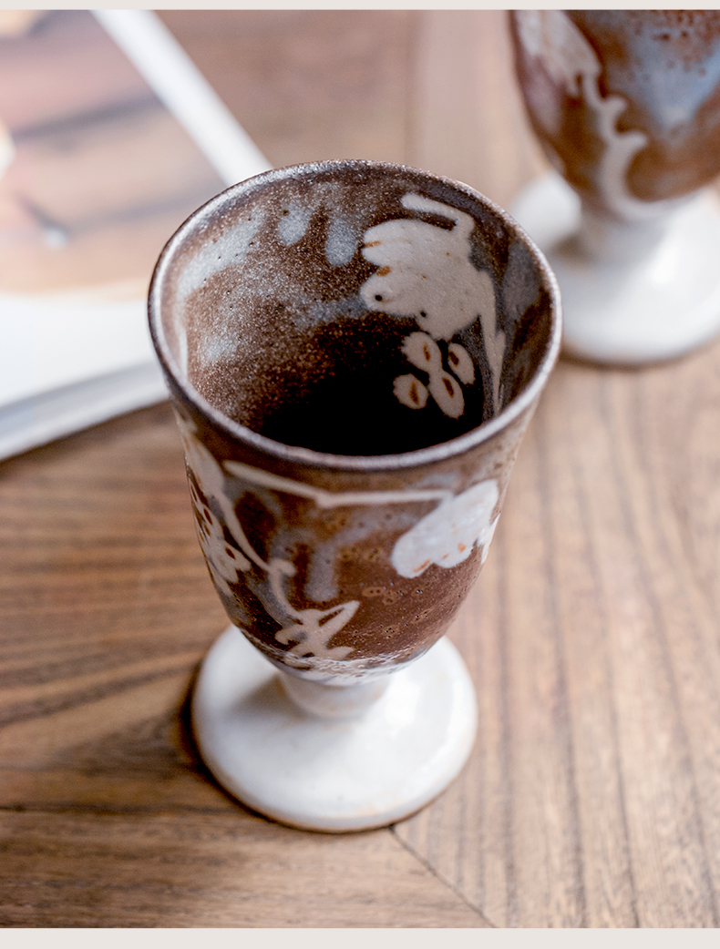 沐享手工酒具志野烧高脚酒杯日式复古家用粗陶茶杯果汁饮料高台杯酒盅