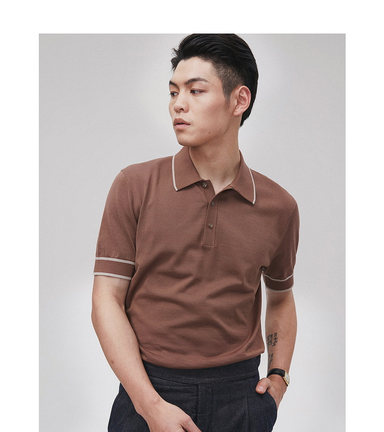 fullmonty夏季polo衫男士翻领深卡其短袖休闲商务条纹针织恤深卡其色