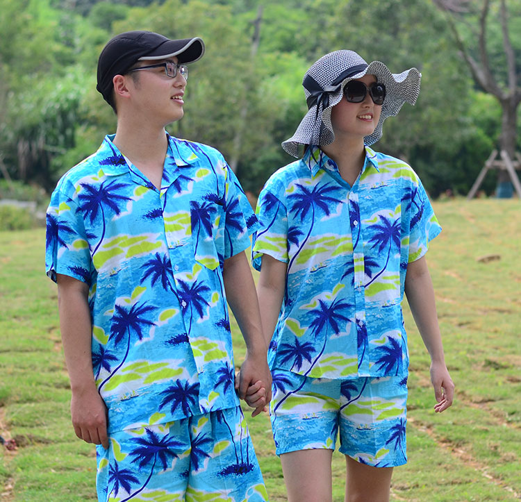 海南岛服沙滩衬衫男夏威夷衬衣服套装三亚海边度假印花女大码情侣亲子