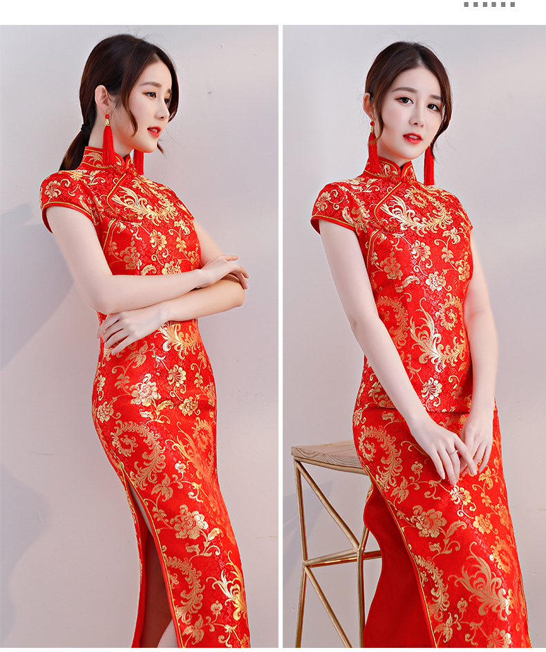 礼仪小姐礼服旗袍迎宾小姐服婚庆宴会走秀演出服中国风短款金凤尾丝缎