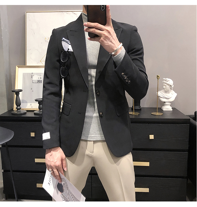 男休闲潮流英伦风商务套装男士西装韩版修身单西上衣黑色a款双排扣m