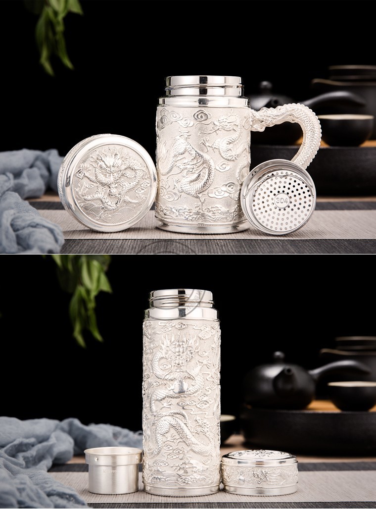 枫岚情足银杯子内外纯银保健杯茶杯保温杯九龙银杯泡茶杯商务男士水杯