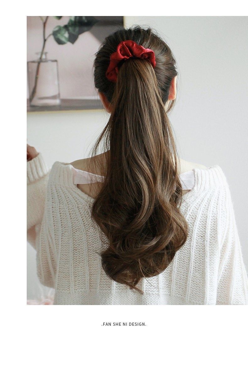 大肠发圈马尾假发女绑带中长卷发大波浪梨花微卷高辫子网红接发片黑色